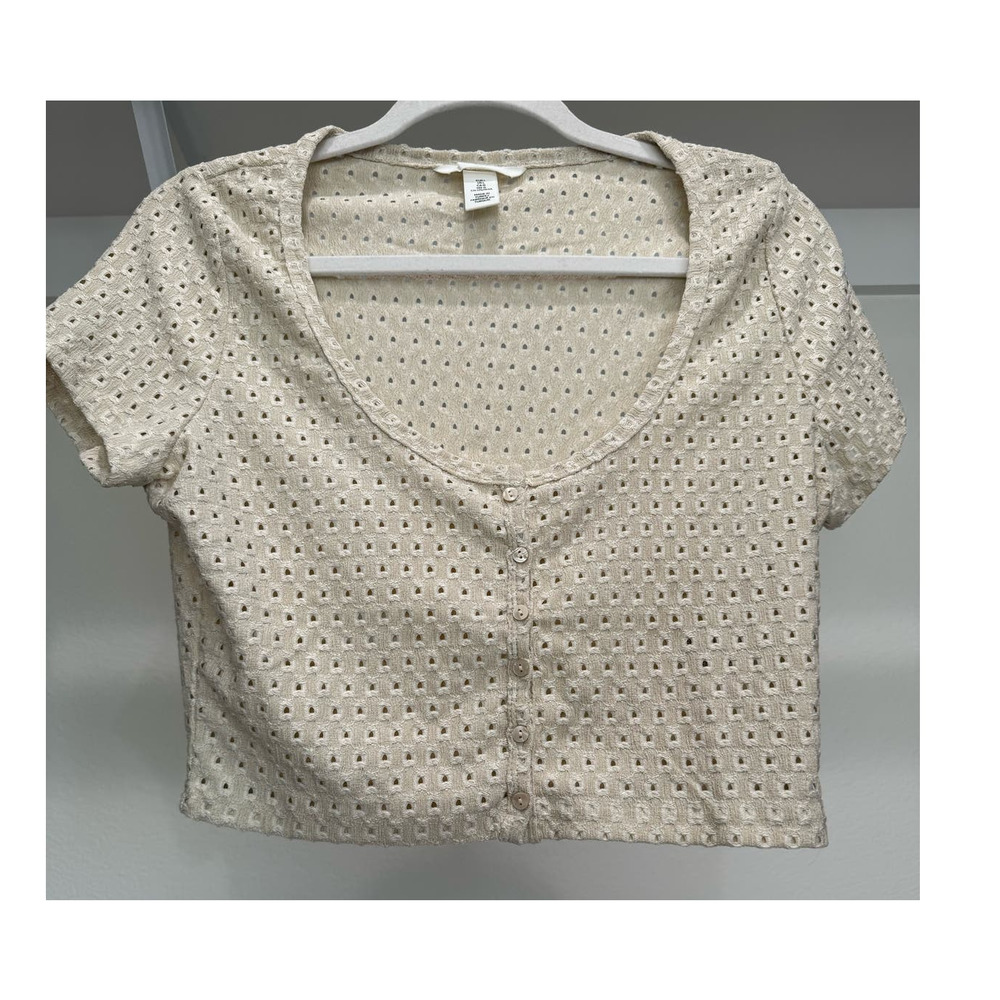 H&M Cropped Cap-Sleeve Blouse Beige Cut Out Size Large